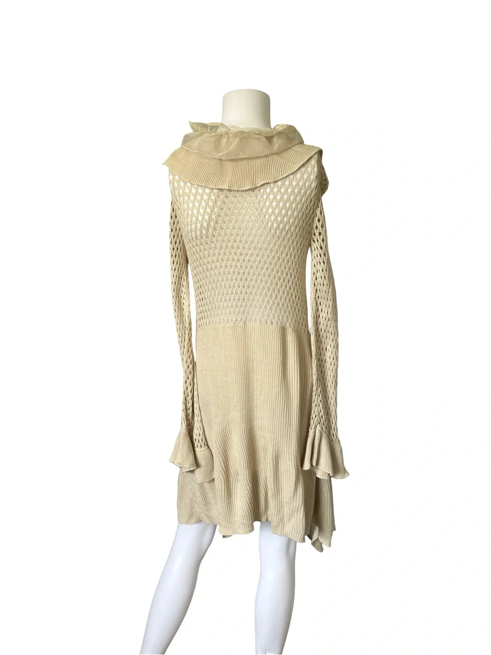 Ruffled Open Knit Cardigan Sweater Duster Neutral Size Medium Hippie Boho Womens